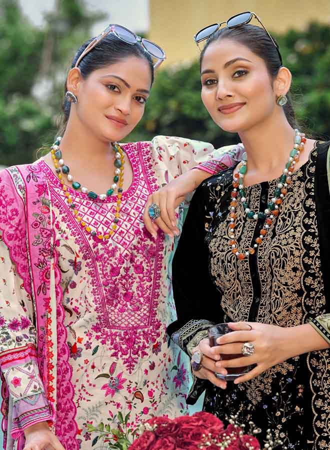 Designer unstitched Pakistani lawn cotton suit with embroidered cotton mal cutwork dupatta