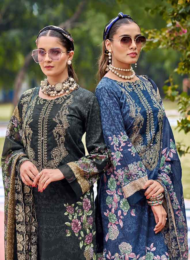 Pakistani Cotton Suit for Women with Floral Print, Embroidered Neckline, Cotton Bottom & Matching Dupatta
