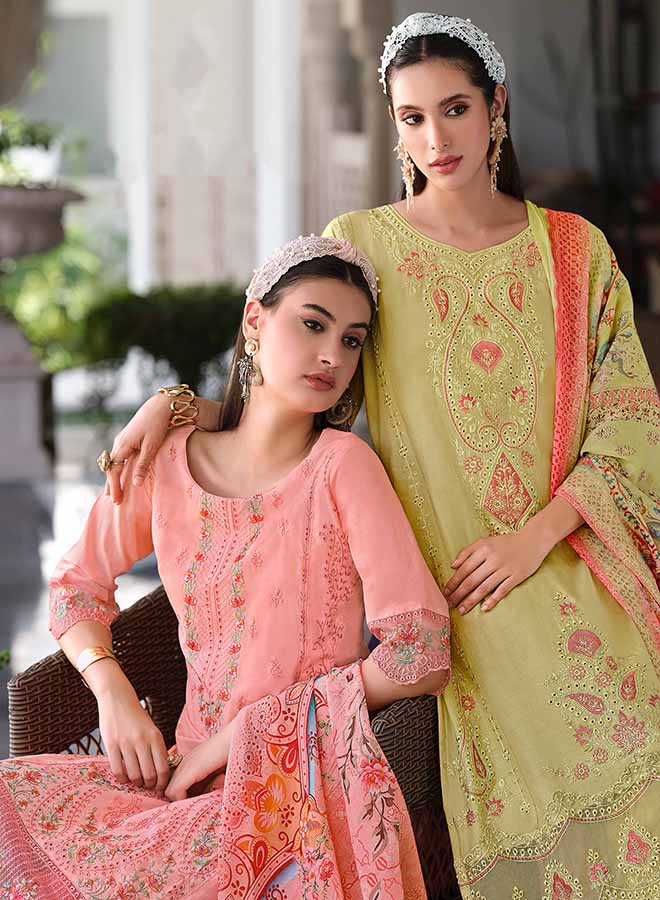 Pakistani embroidered unstitched suit dress material for women with floral printed dupatta.
