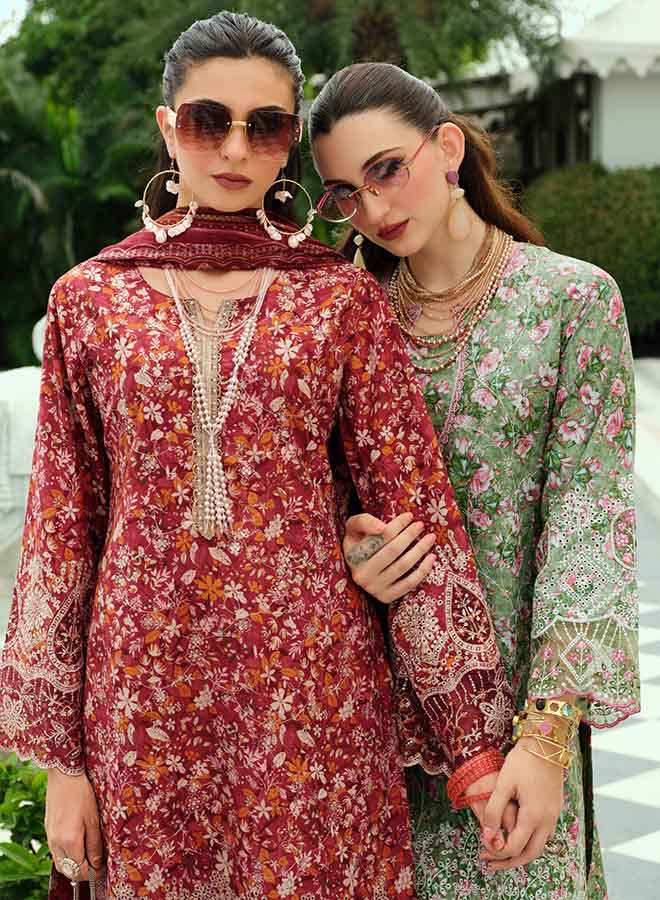 Pure Cotton Unstitched Pakistani Suit Material for Women with Blue Floral Print, Kashmiri Embroidery and Matching Dupatta