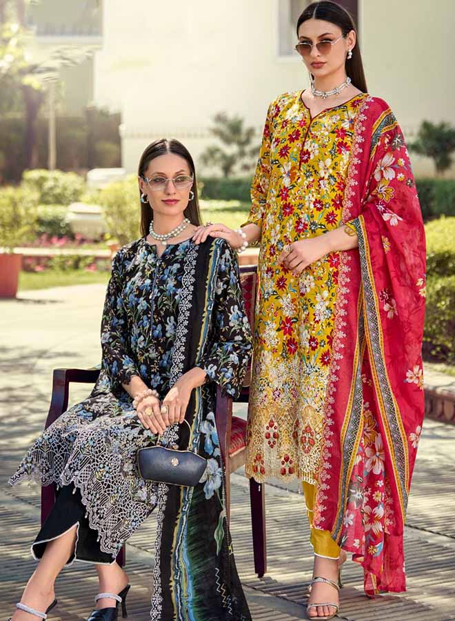 floral lawn cotton embroidered unstitched Pakistani suit for women