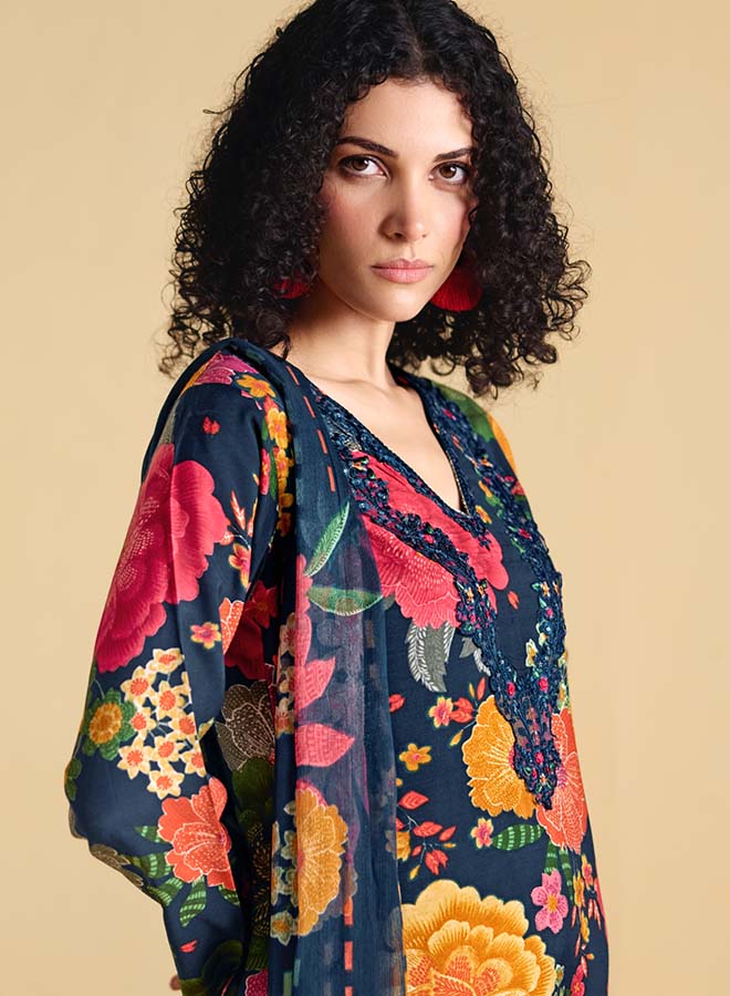 Women’s floral muslin unstitched party wear salwar suit dress material with embroidery and dupatta.