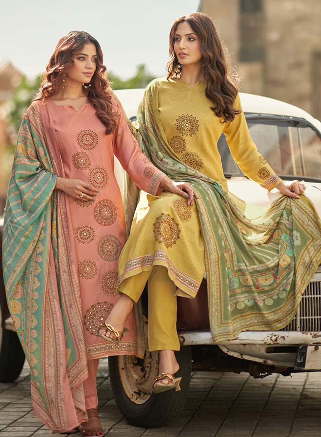 Women wearing muslin shimmer salwar suit with hand work party wear