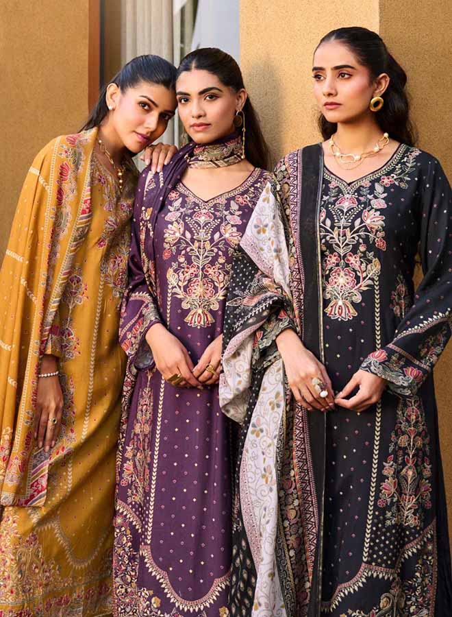 Women wearing party wear muslin unstitched suit dress material with floral printed dupatta
