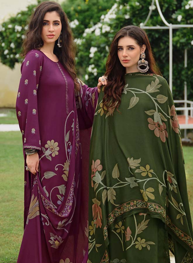 unstitched winter suit material for women with embroidered Pashmina top, matching bottom and digital-printed shawl.
