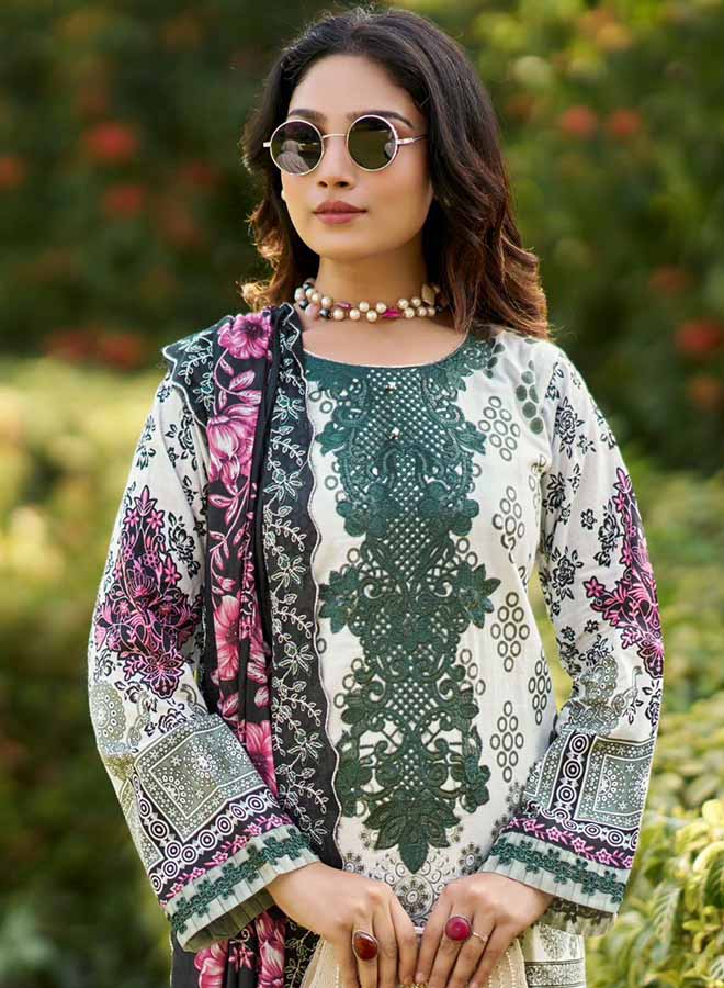 Pakistani printed unstitched suit dress material for women featuring floral prints, embroidered neck patch, and elegant cutwork dupatta in soft pastel shades.