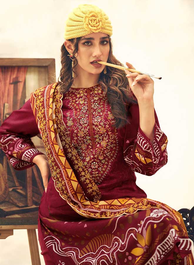 Elegant embroidered Pakistani suit fabric with ethnic print design