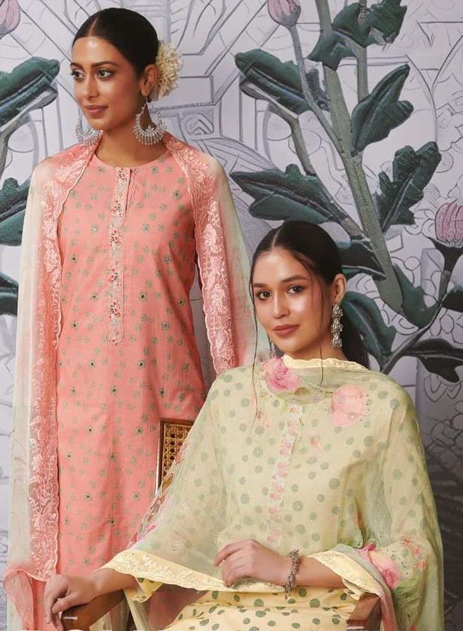 Women's unstitched pure cotton lawn suit material with mirror work, organza silk print daman, matching cotton bottom and floral dupatta for festive wear.