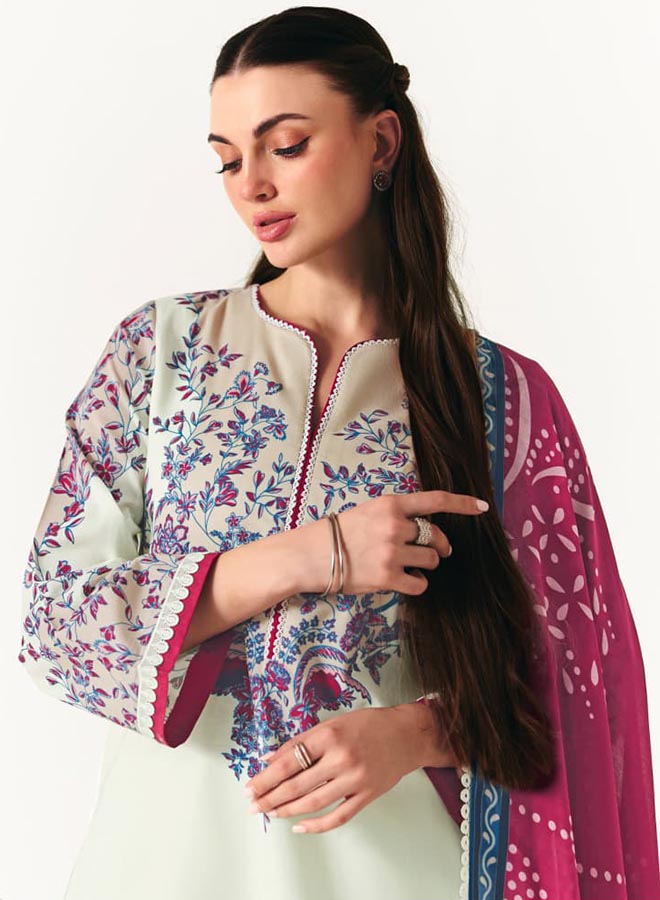 Pure cotton lawn unstitched suit for women with floral embroidery and printed dupatta