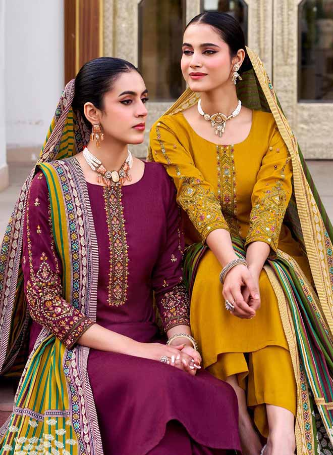 Cotton satin unstitched suit dress material for women with embroidered neck and printed dupatta
