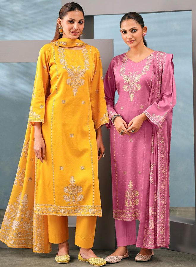dress material for women with embroidered neckline, floral printed borders, and matching muslin dupatta
