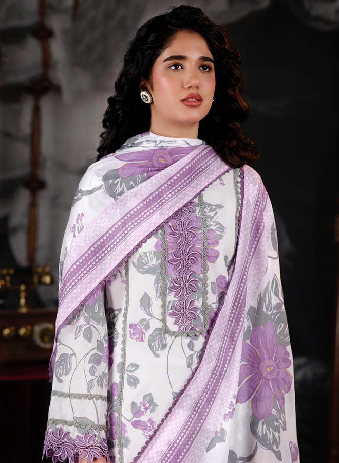 Woman wearing pure Mul Chanderi unstitched suit dress material with pink floral print and matching dupatta