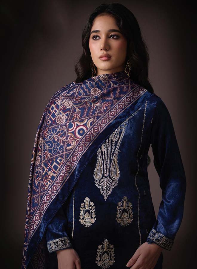 velvet party wear suit for women with elegant embroidery and multicolour velvet Brasso dupatta