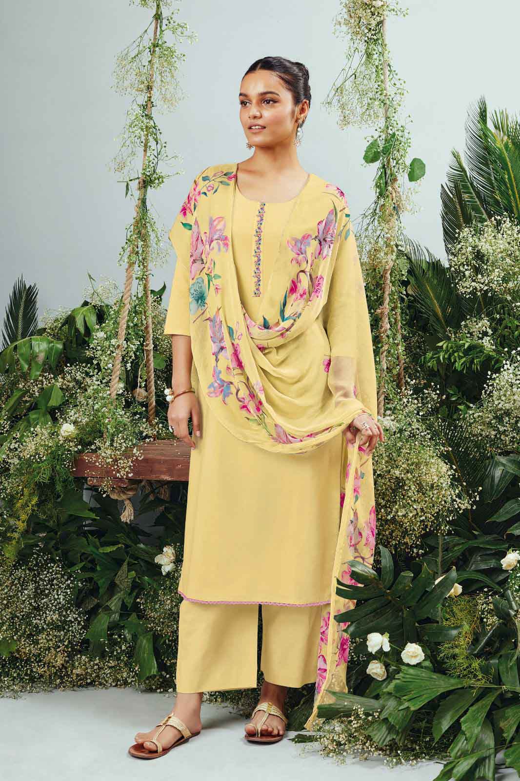 Ganga Unstitched Yellow Premium Cotton Women Suit Set Ganga