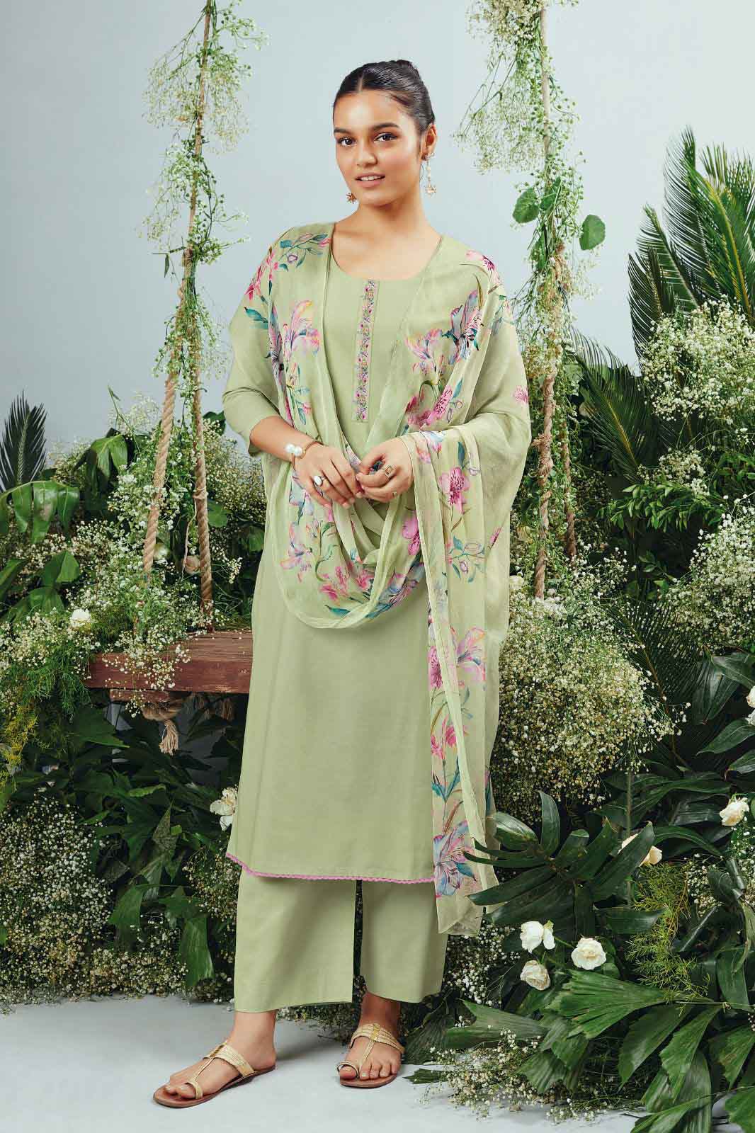 Ganga Unstitched Green Premium Cotton Women Suit Set Ganga