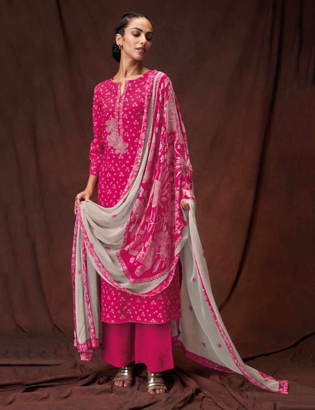 Ganga Unstitched Suit Material Fabric with Chiffon Dupatta Pink Ganga