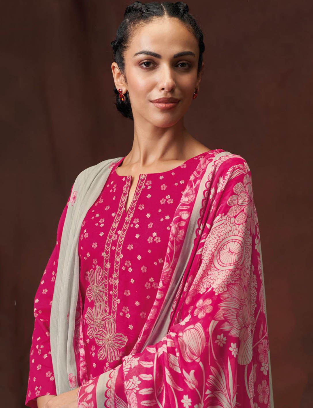 Ganga Unstitched Suit Material Fabric with Chiffon Dupatta Pink Ganga