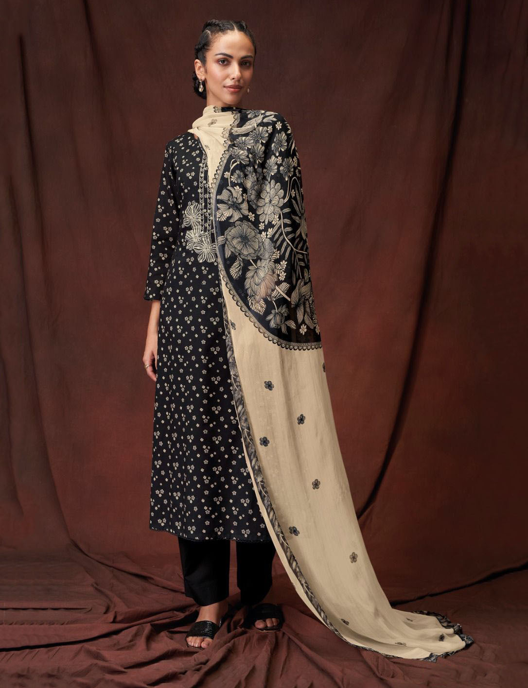 Ganga Unstitched Suit Material Fabric with Chiffon Dupatta Black Ganga