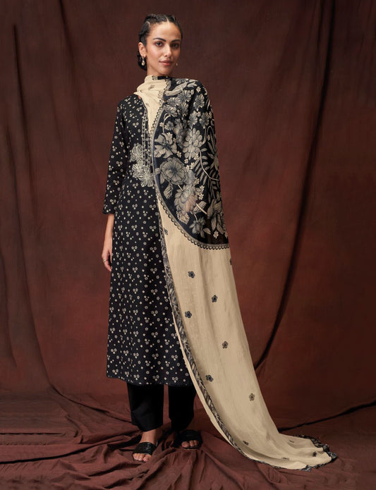 Ganga Unstitched Suit Material Fabric with Chiffon Dupatta Black