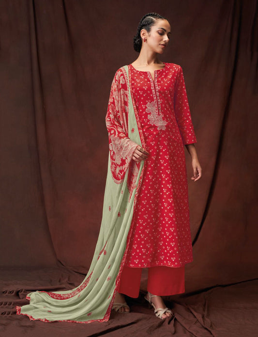 Ganga Unstitched Suit Material Fabric with Chiffon Dupatta Red