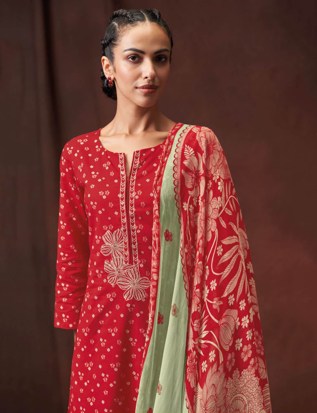 Ganga Unstitched Suit Material Fabric with Chiffon Dupatta Red Ganga