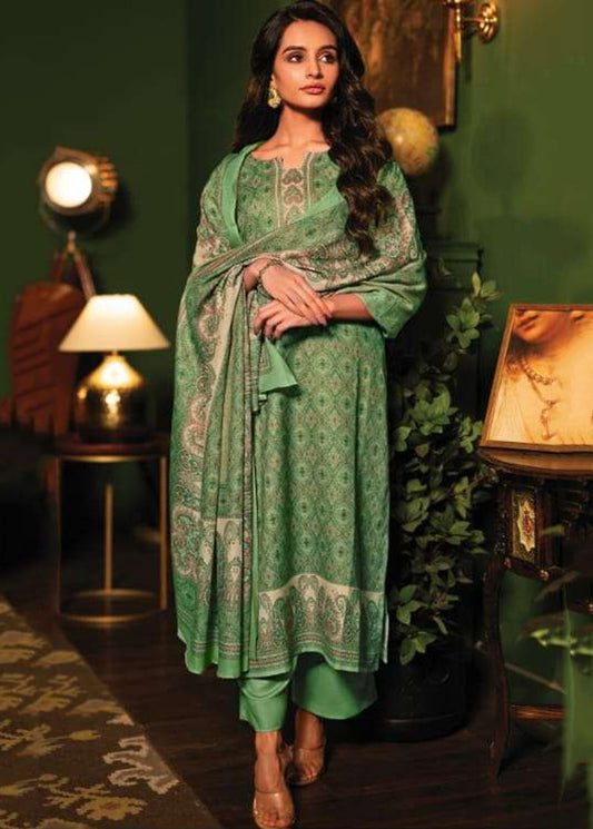 Rivaa Unstitched Green Cotton Satin Suit Dress Material for Women