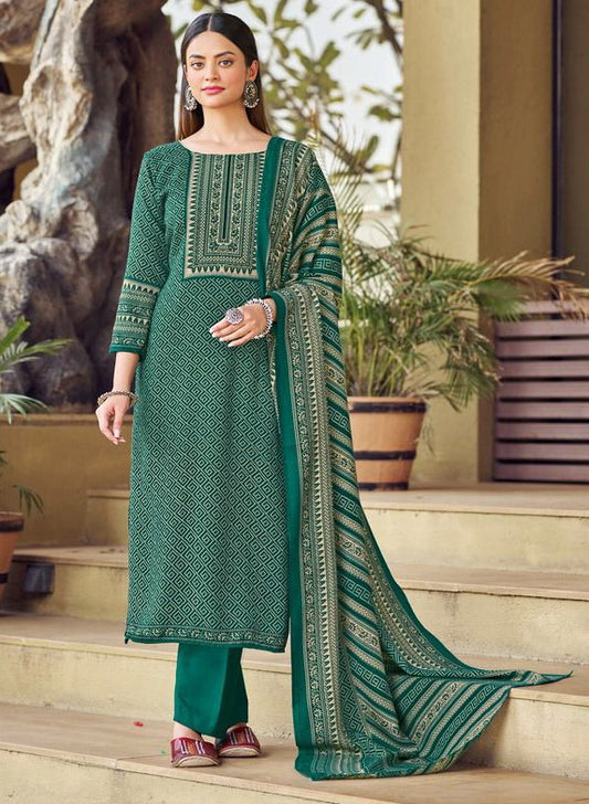 Unstitched Green Woolen Pashmina Winter Suit Dress Material for Women
