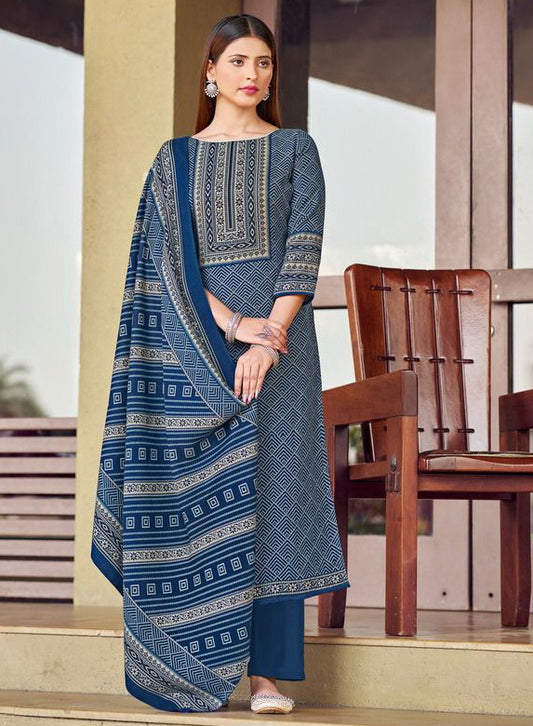 Unstitched Blue Woolen Pashmina Winter Suit Dress Materials for Women