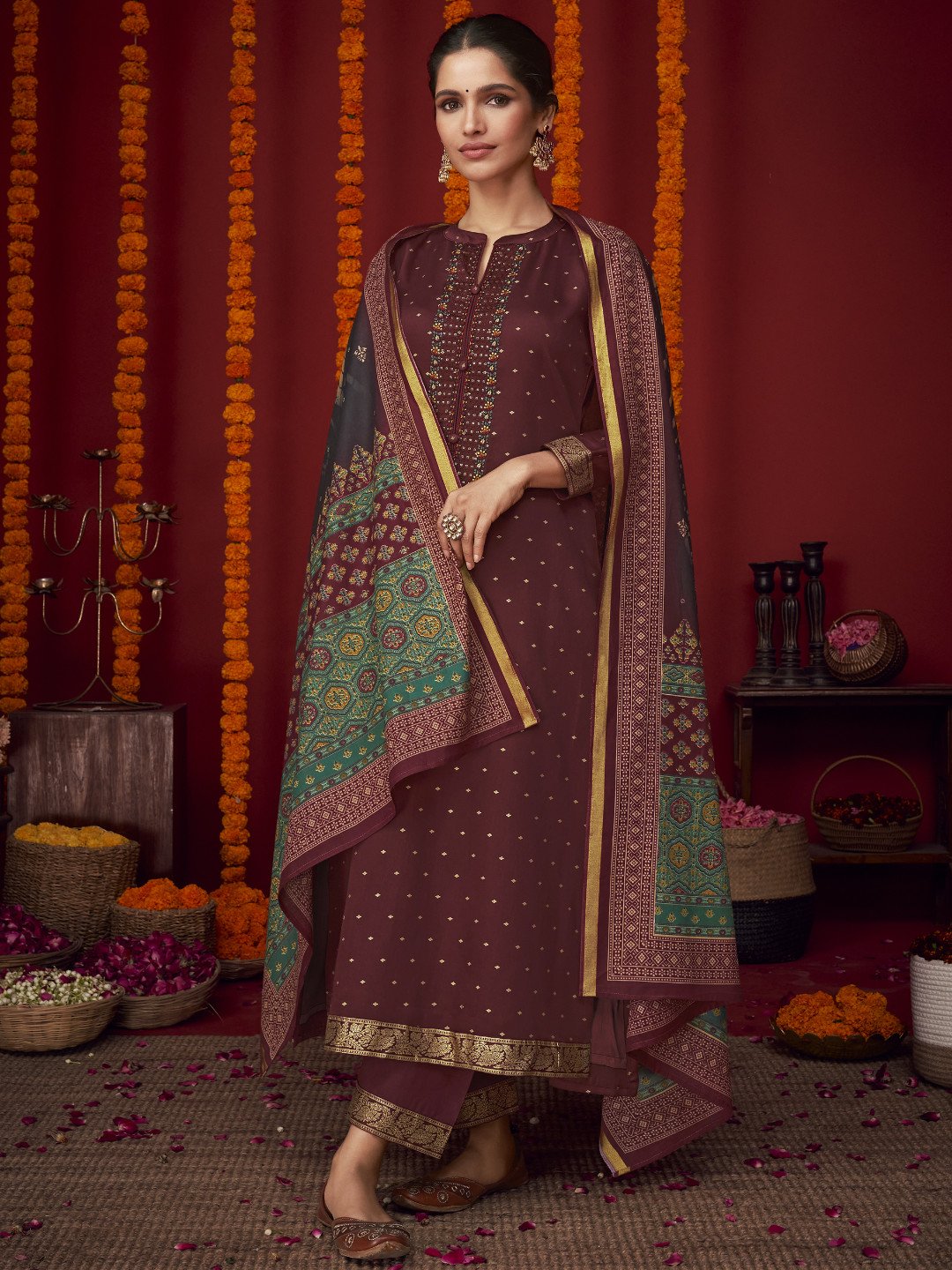 Unstitched Embroidered Cotton Satin Rust Red Suit Material with Dupatta Mumtaz Arts
