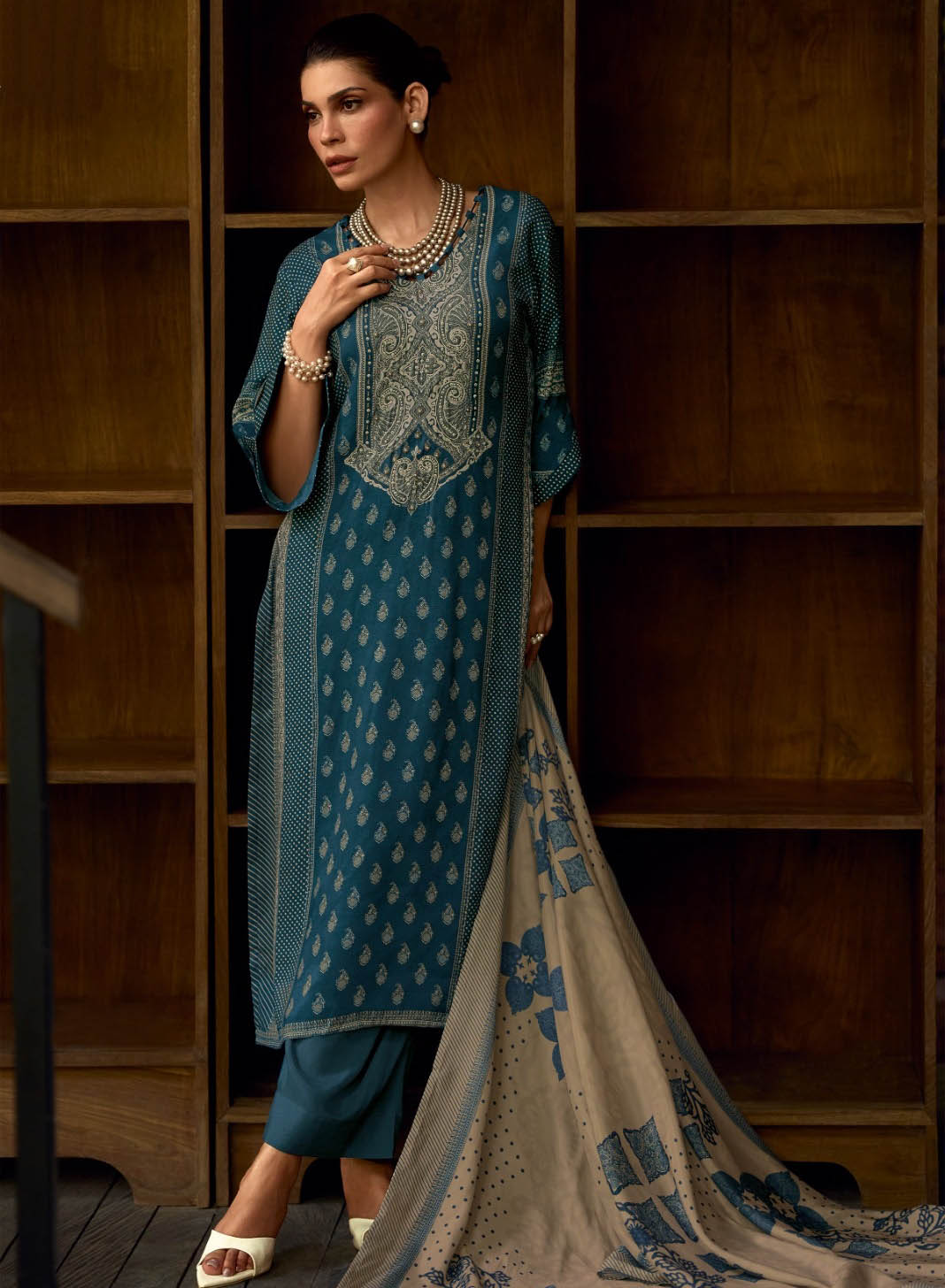Blue Pakistani Unstitched Muslin Suit Dress Material for Women