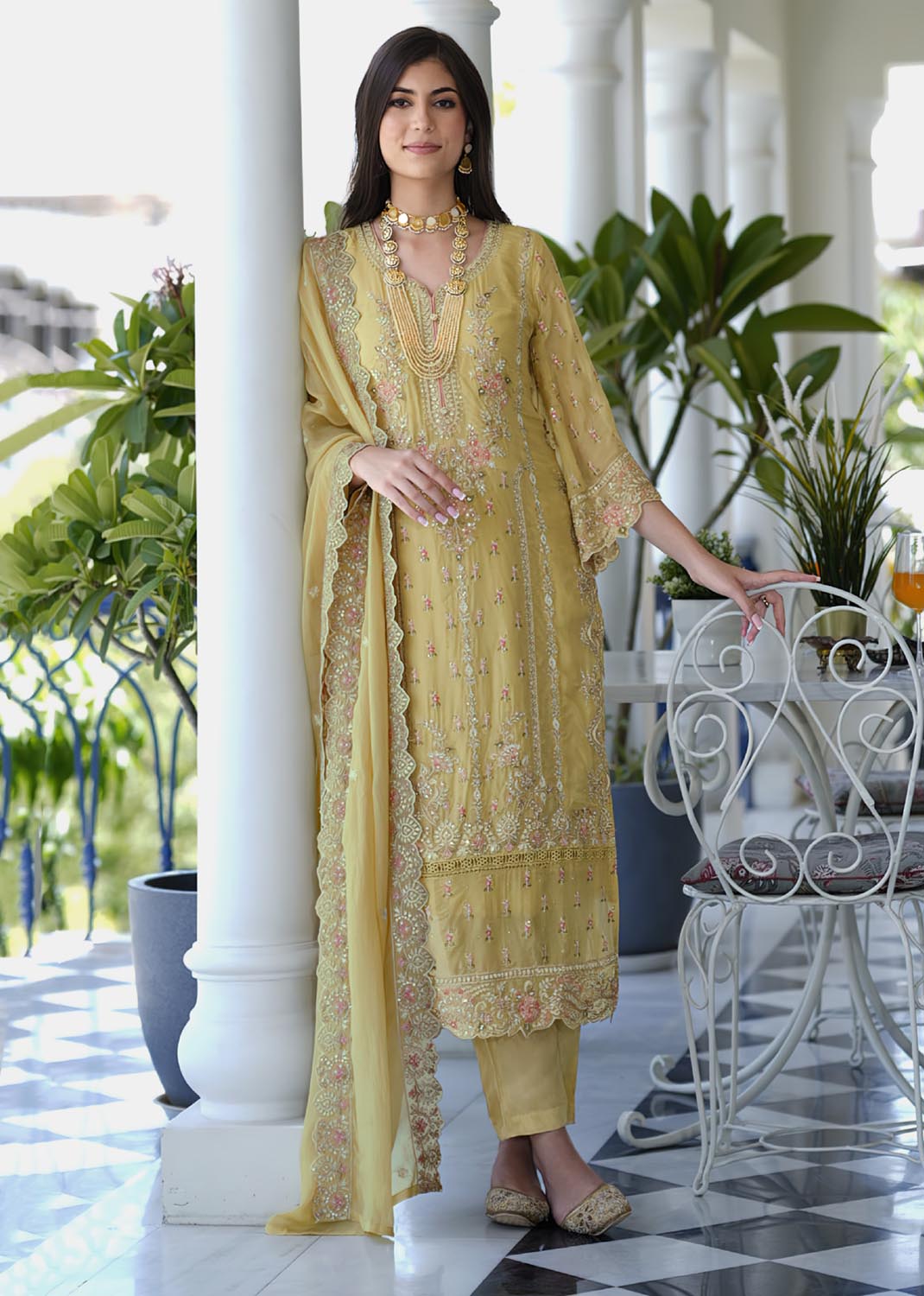 Party Wear Yellow Organza Semi Stitched Salwar Suit with Embroidery