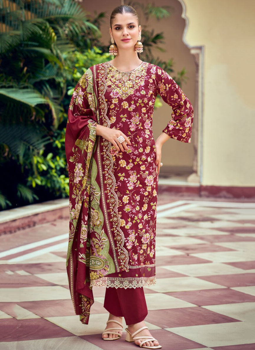 Pakistani Print Pure Cotton Maroon Unstitched Suit Material with Embroidery