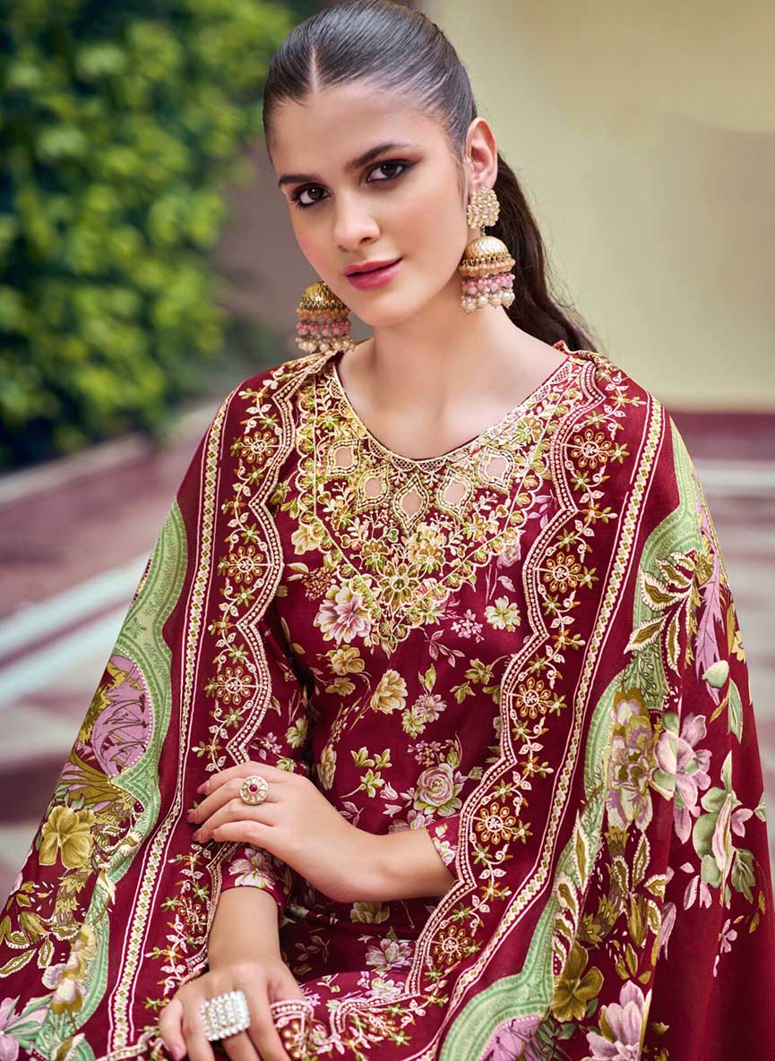 Pakistani Print Pure Cotton Maroon Unstitched Suit Material with Embroidery