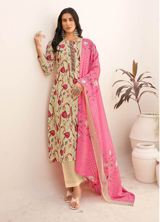 Masakali Unstitched Pure Cambric Cotton Suit Set Beige