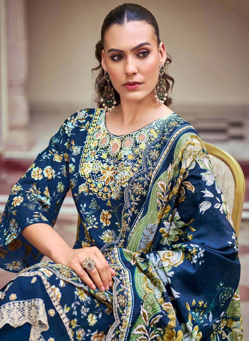 Pakistani Print Pure Cotton Blue Unstitched Suit Material with Embroidery