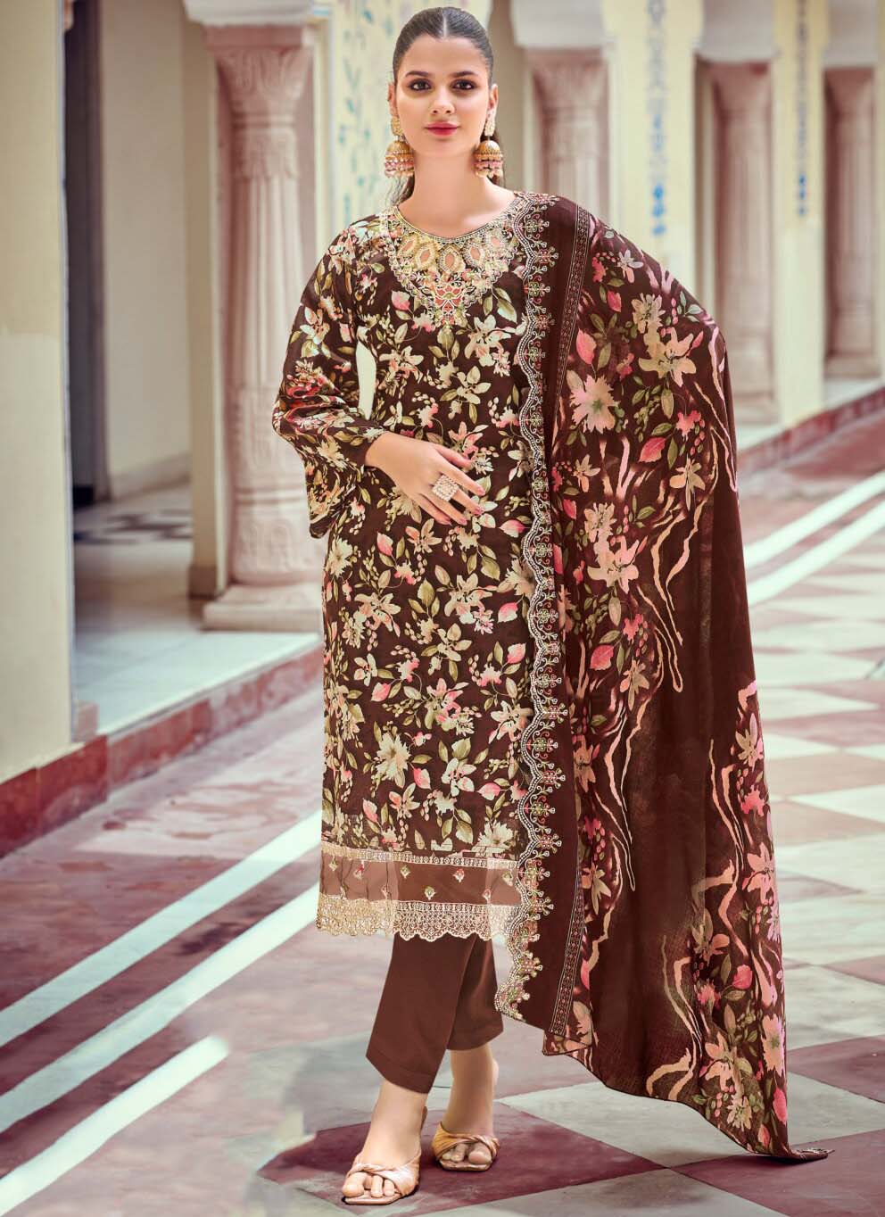 Pakistani Print Pure Cotton Brown Unstitched Suit Material with Embroidery