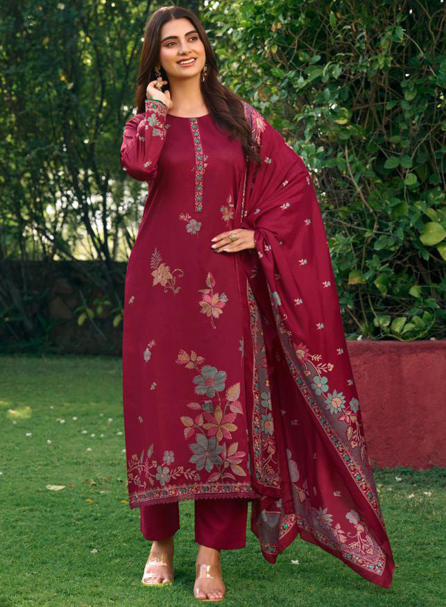 Party Wear Cotton Satin Maroon Unstitched Suit Material for Women