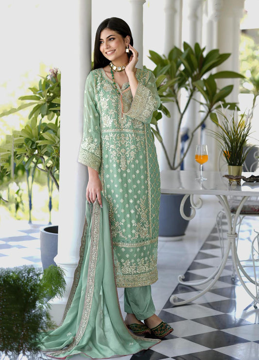 Party Wear Teal Green Organza Semi Stitched Suit with Embroidery