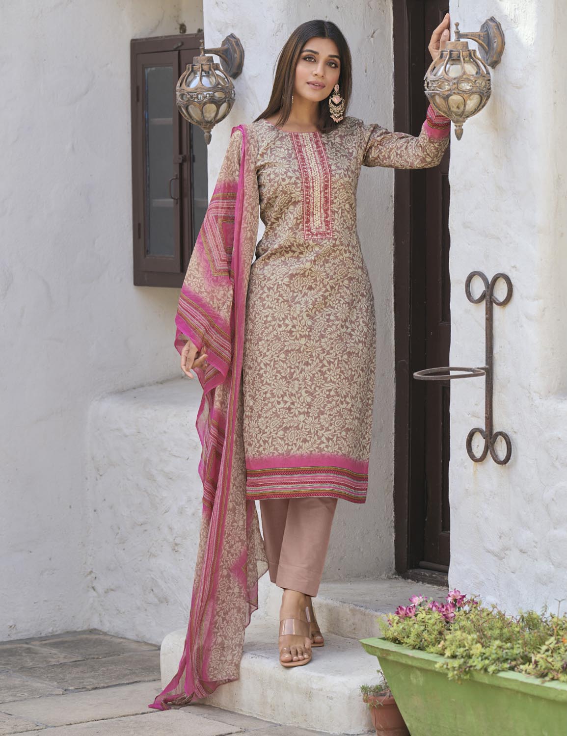 Aqsa Unstitched Cotton Suit Fabric Material with Dupatta Pink AQSA