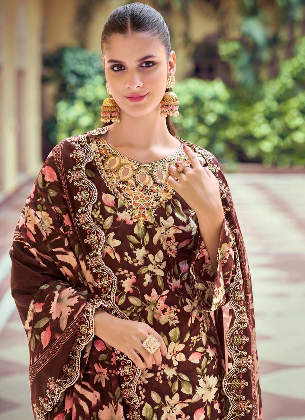 Pakistani Print Pure Cotton Brown Unstitched Suit Material with Embroidery