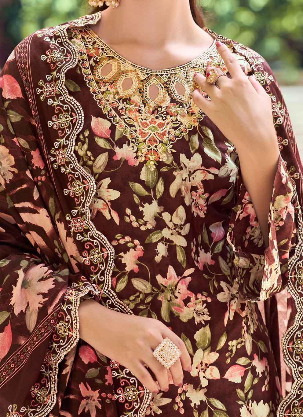 Pakistani Print Pure Cotton Brown Unstitched Suit Material with Embroidery
