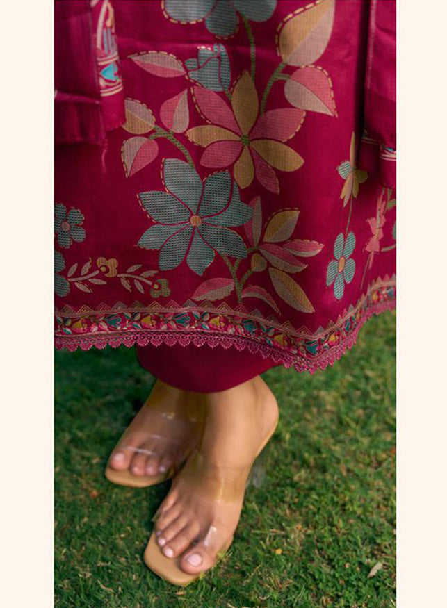 Party Wear Cotton Satin Maroon Unstitched Suit Material for Women