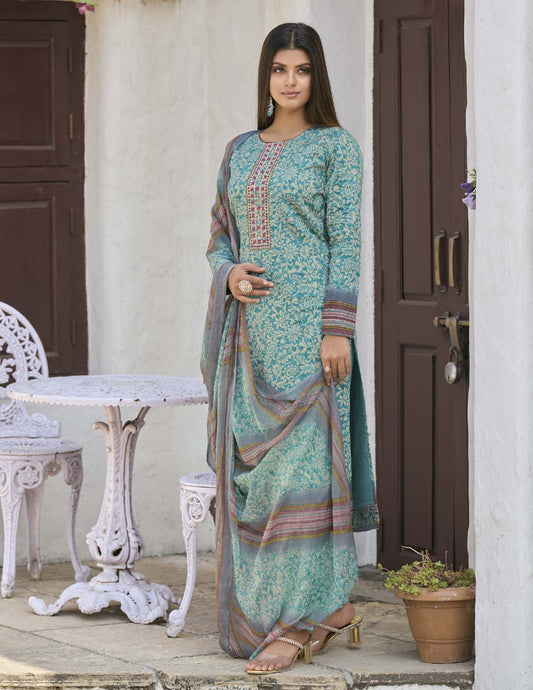 Aqsa Unstitched Cotton Suit Fabric Material with Dupatta Teal Blue AQSA