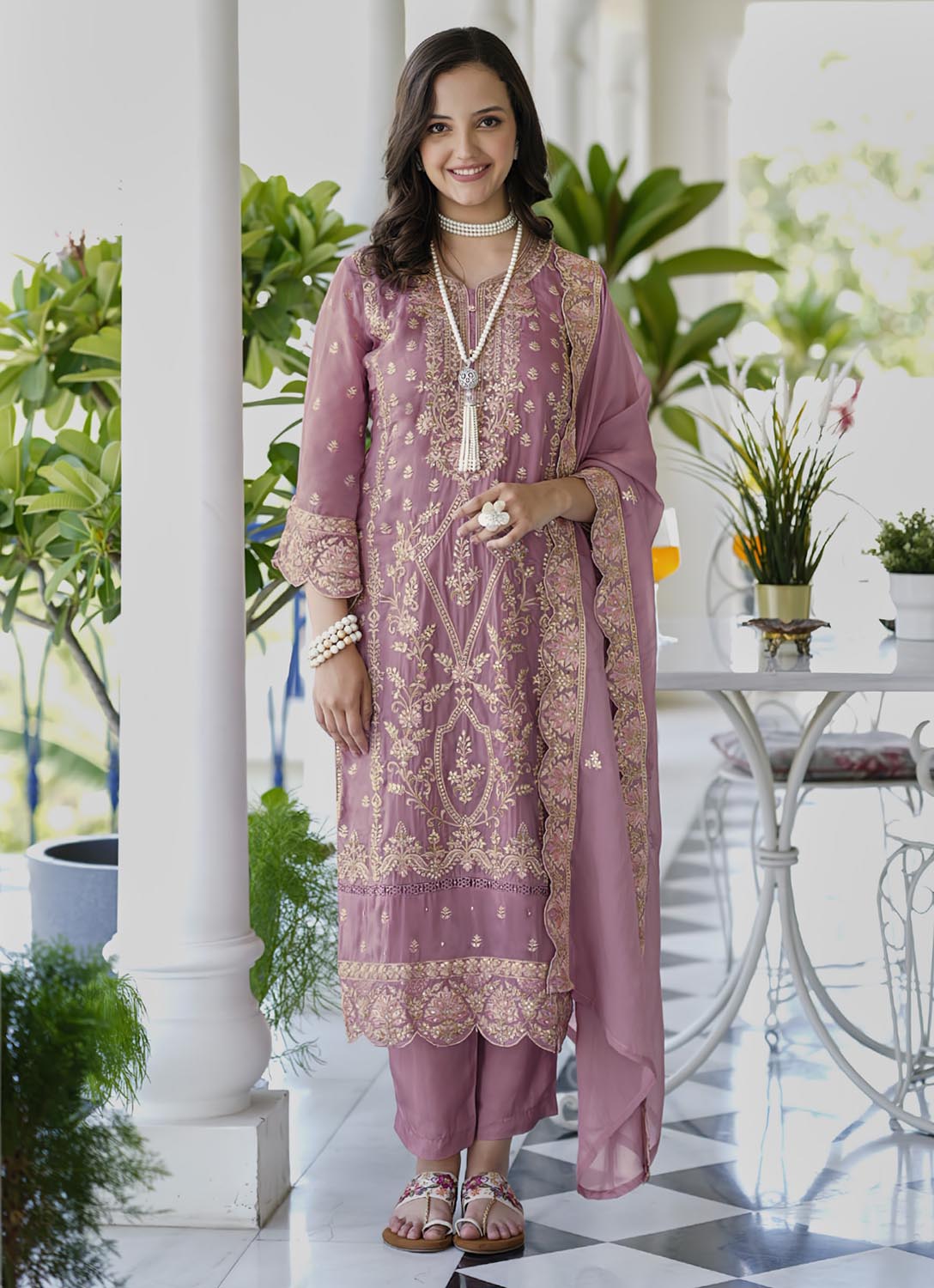 Party Wear Pink Organza Semi Stitched Salwar Suit with Embroidery