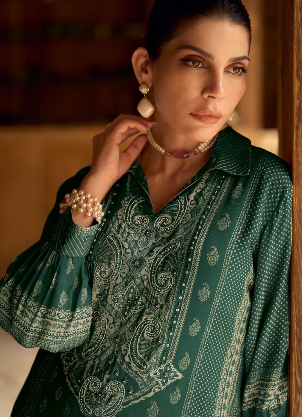 Green Pakistani Unstitched Muslin Suit Dress Material for Women