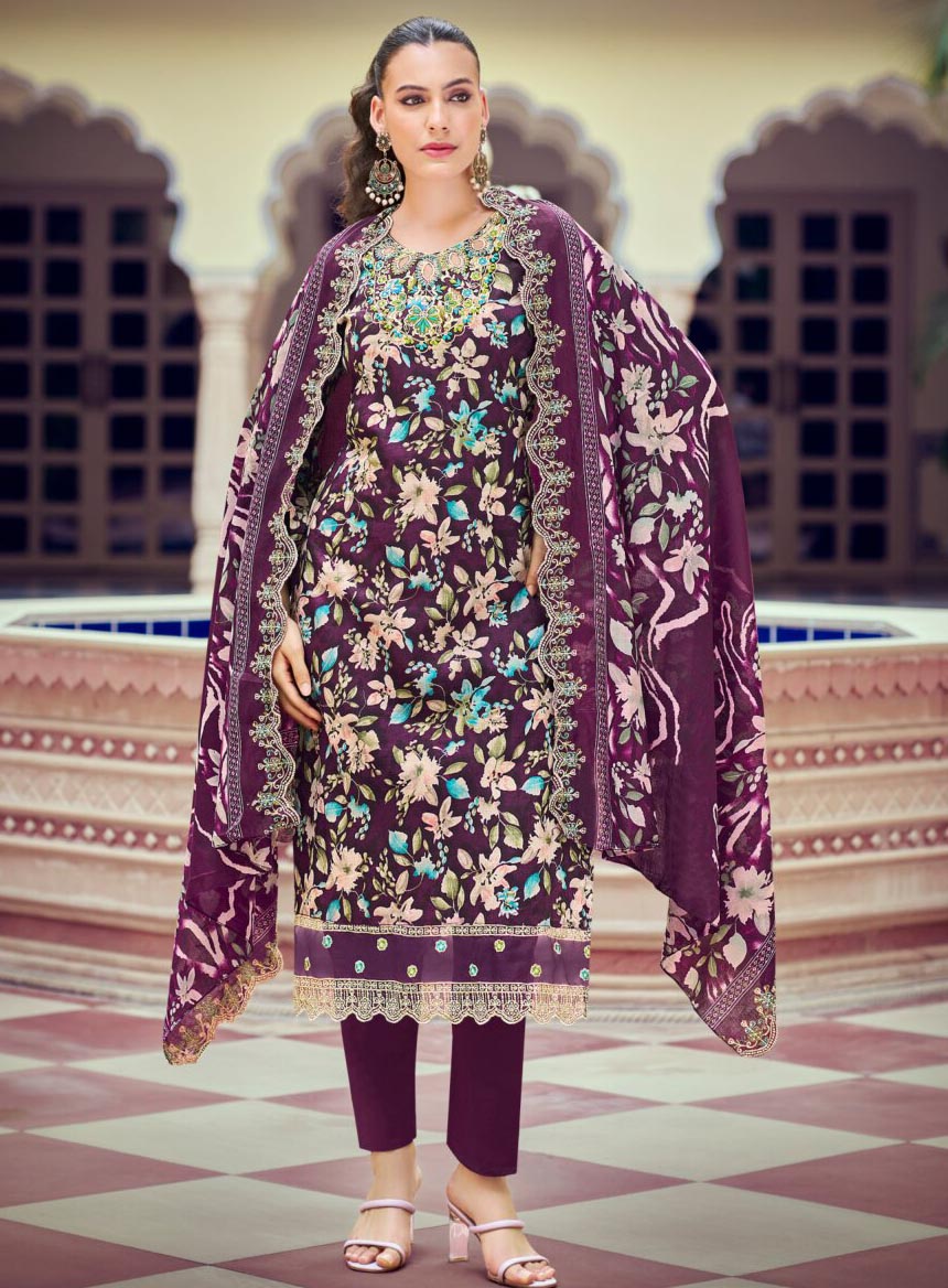 Pakistani Print Pure Cotton Purple Unstitched Suit Material with Embroidery
