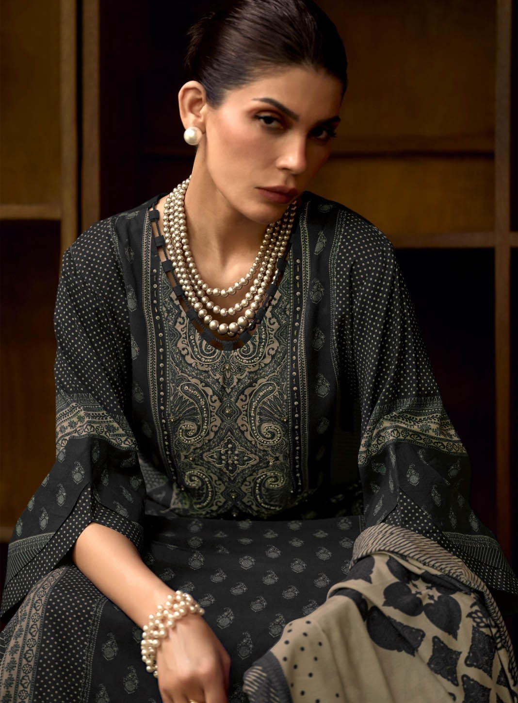 Pakistani Unstitched Black Muslin Suit Dress Material for Women