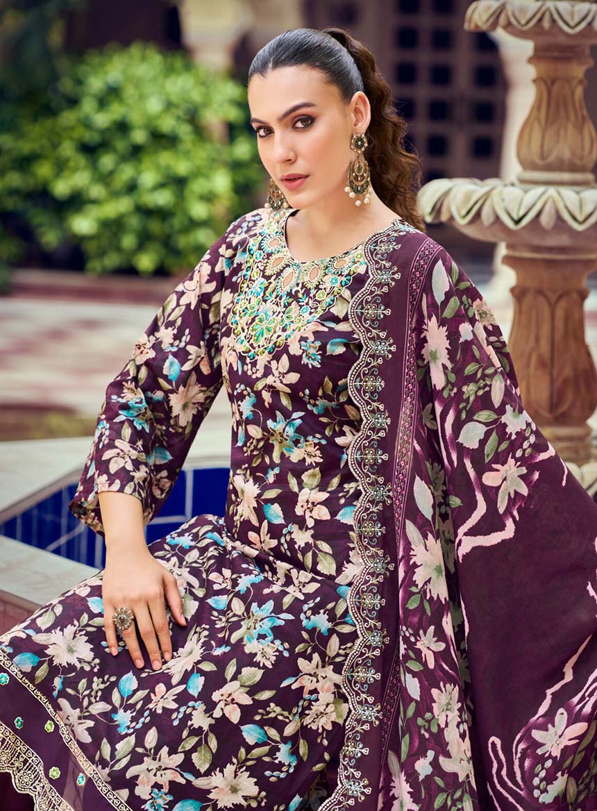 Pakistani Print Pure Cotton Purple Unstitched Suit Material with Embroidery