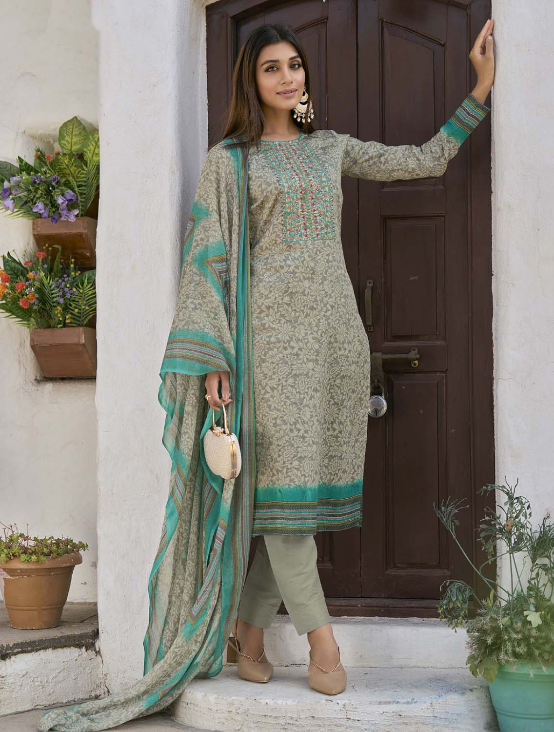 Aqsa Unstitched Cotton Suit Fabric Material with Dupatta Grey AQSA