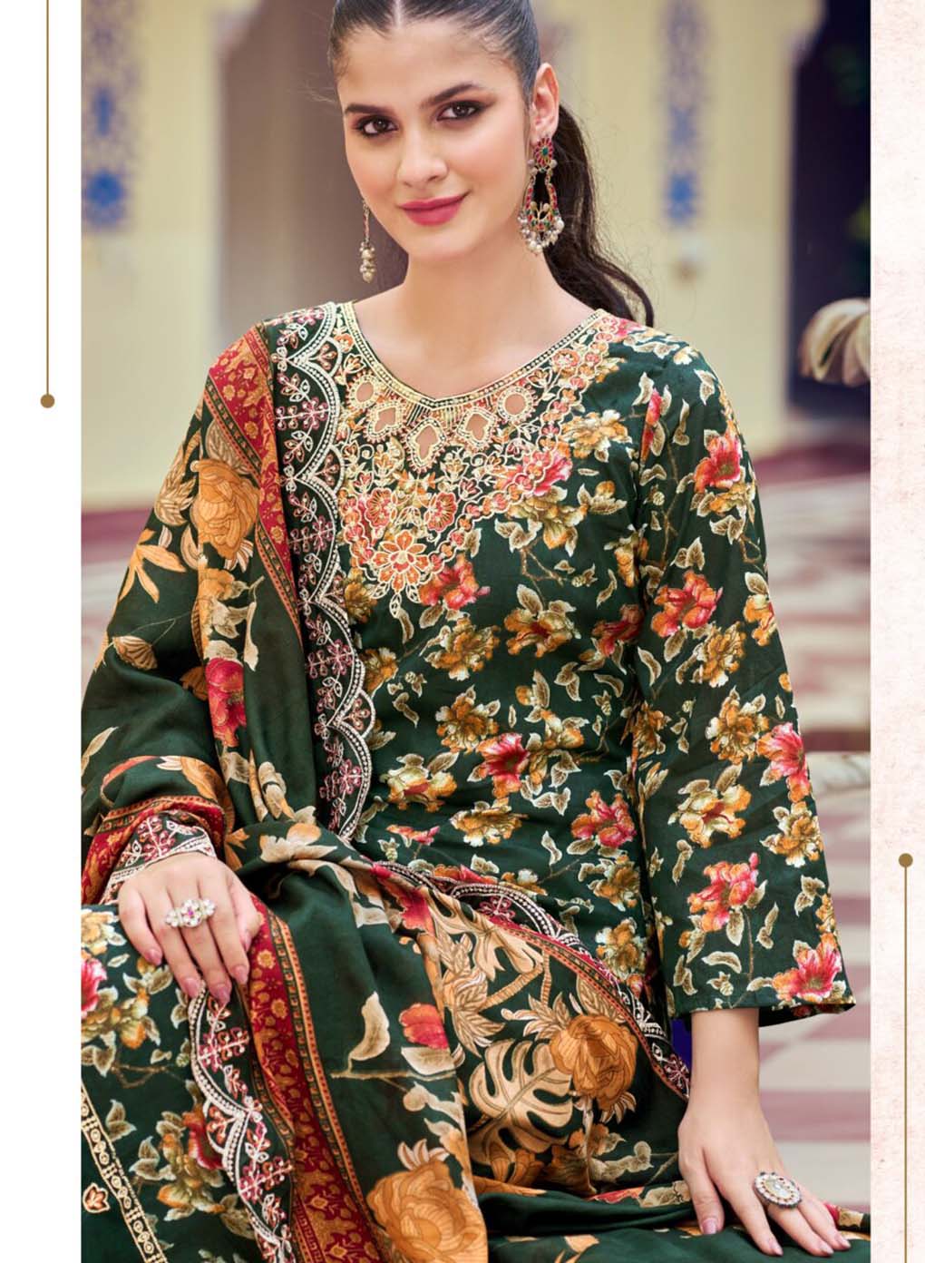 Pakistani Print Pure Cotton Green Unstitched Suit Material with Embroidery